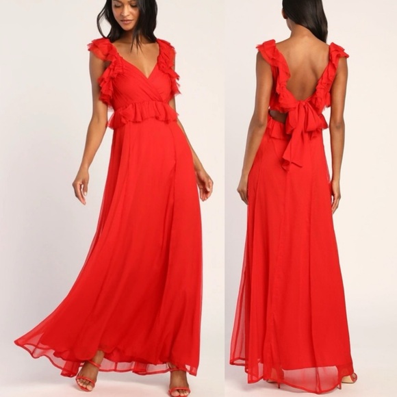 Lulus Dresses & Skirts - NWT Lulu’s Red Ruffled Tie-Back Maxi Dress XS